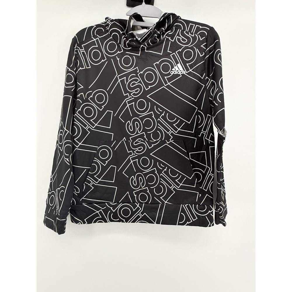 Adidas Hoodie Kids Large‎ Black White Pullover Sweatshirt Tear on Left Sleeve